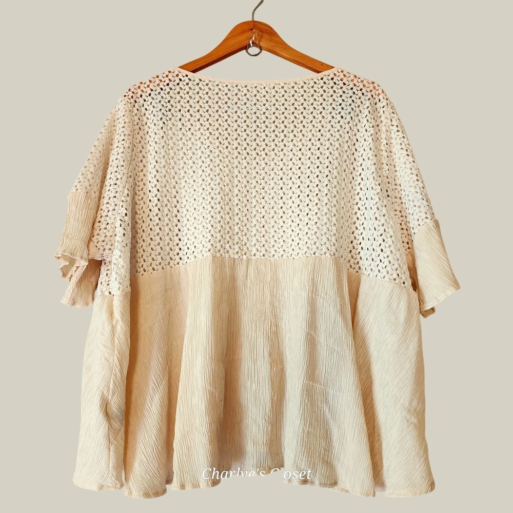 Mesh Gauze Mixed Media Flowy Top 3X Plus Boho Soft Flutter Sleeve Resort Beach - Picture 4 of 4